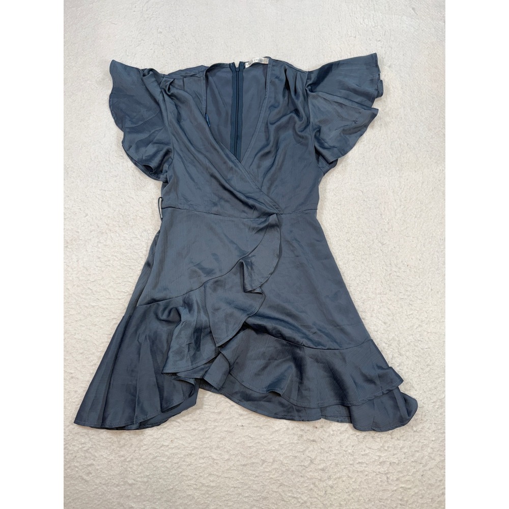 Saints + Secrets Navy Blue Flutter Sleeve Ruffle Hem Mini Wrap Dress Size S